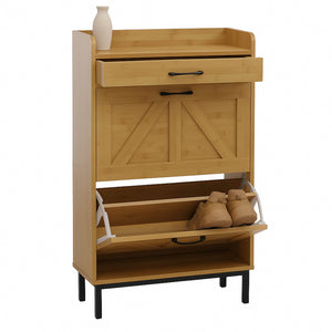 Schuhkipper Schuhregal 2 Kippfächer Ablage Schublade 95x60x24cm Bambus-Optik