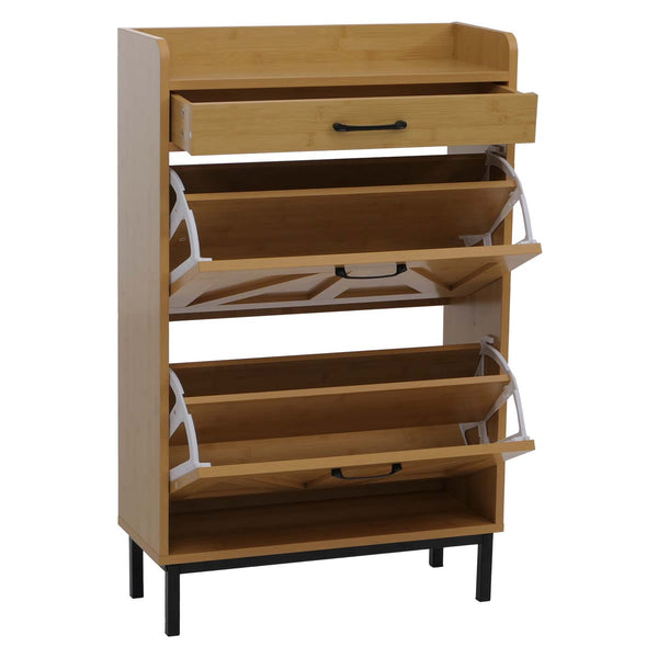 Schuhkipper Schuhregal 2 Kippfächer Ablage Schublade 95x60x24cm Bambus-Optik