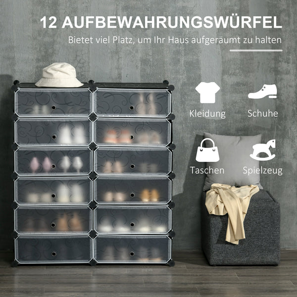 Schuhregal mit Boxen für 24 Paar Schuhe Kunststoff schwarz weiss