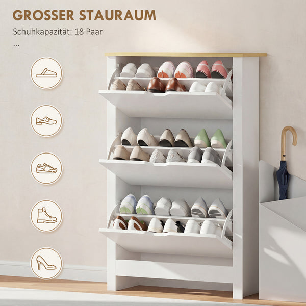 Schuhschrank mit 3 Fächern für 18 Paar Schuhe weiss braun
