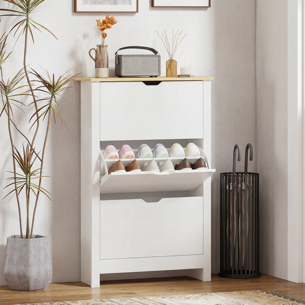 Schuhschrank mit 3 Fächern für 18 Paar Schuhe weiss braun