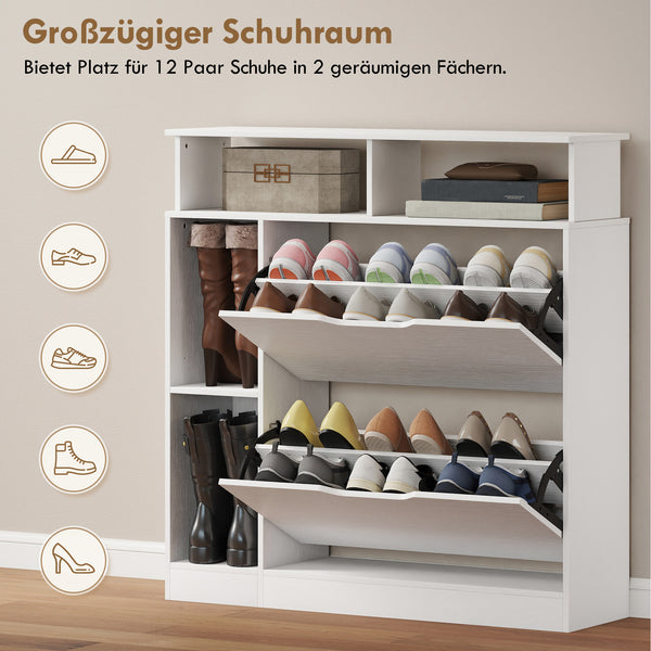 Schuhschrank mit 2 Klappen offenem Fach für 12 Paar Schuhe weiss