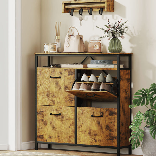 Schuhschrank schmal mit 4 Klappen und offenem Regal