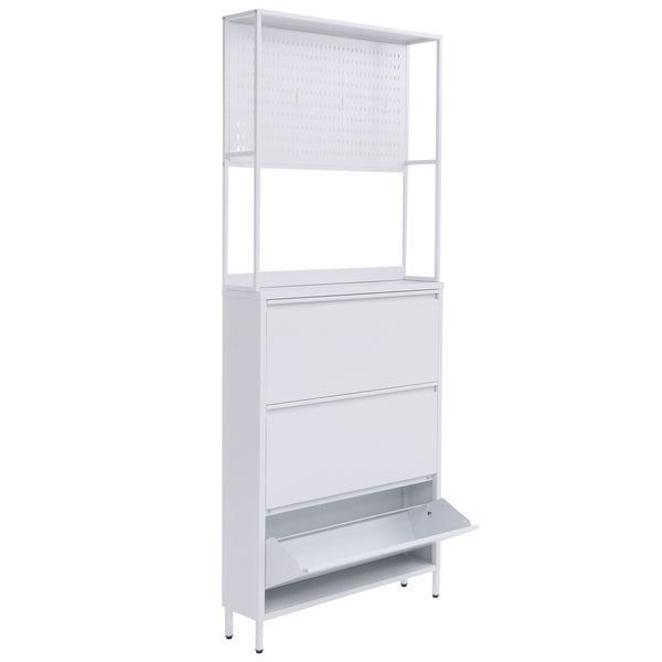 Schuhschrank Schuhkipper 3 Kippfächer Ablage Haken 201x80x20cm weiss