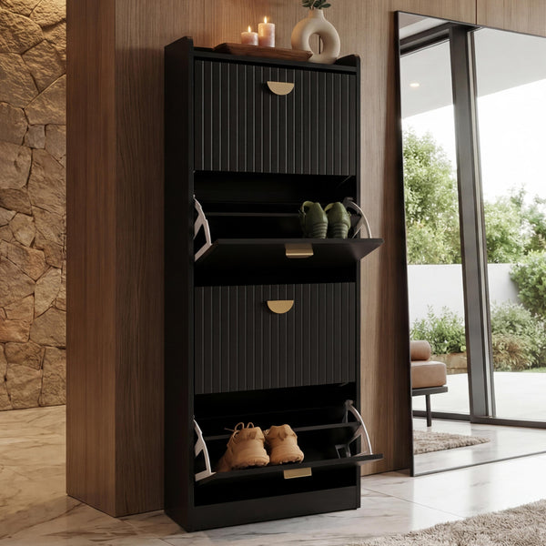 Schuhschrank Schuhkipper 4 Klappen 148x50x24cm Holzoptik schwarz