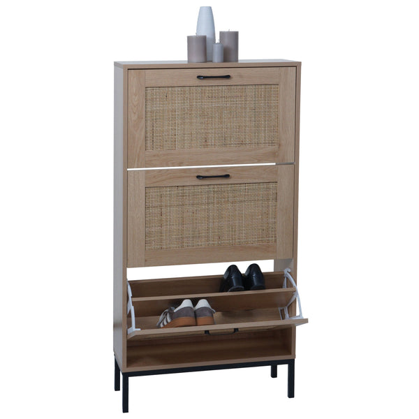 Schuhschrank Schuhkipper Rattanfront 3 Fächer 126x63x24cm Eiche-Optik