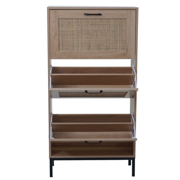 Schuhschrank Schuhkipper Rattanfront 3 Fächer 126x63x24cm Eiche-Optik