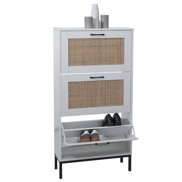 Schuhschrank Schuhkipper Rattanfront 3 Fächer 126x63x24cm weiss