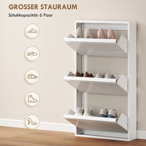 Schuhschrank schmal Wandmontage mit 3 Klappfächern Metall weiss