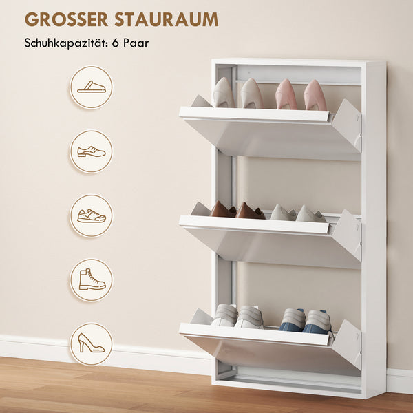 Schuhschrank schmal Wandmontage mit 3 Klappfächern Metall weiss