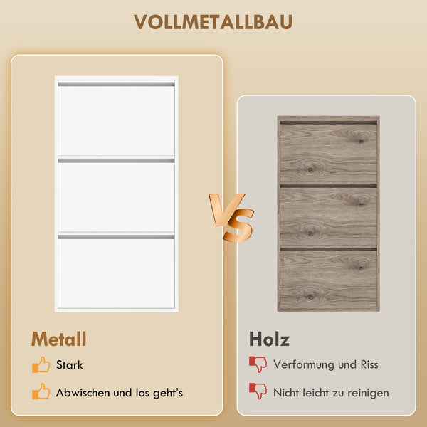 Schuhschrank schmal Wandmontage mit 3 Klappfächern Metall weiss