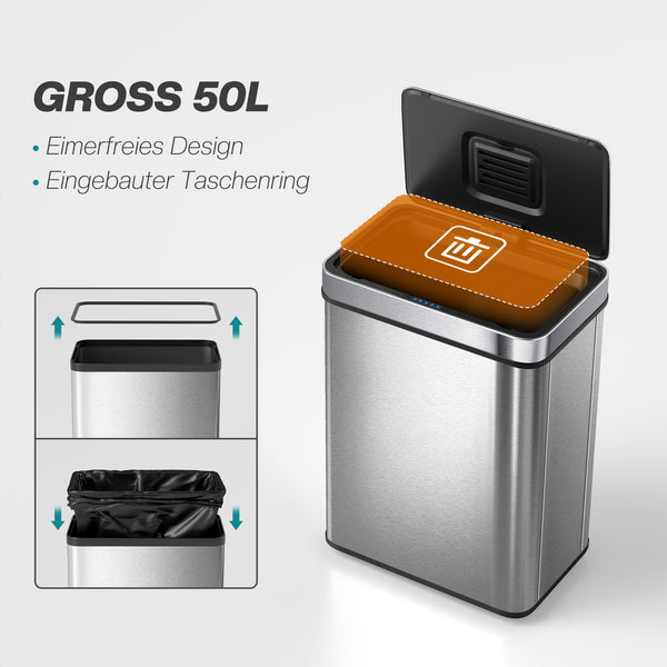 Sensor Mülleimer mit automatischem Deckel 50L Edelstahl silber