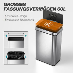 Sensor Mülleimer mit automatischem Deckel 60L Edelstahl silber