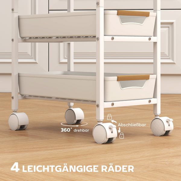 Servierwagen Küchenwagen rollbar mit Schubladen Holzoptik Metallrahmen weiss