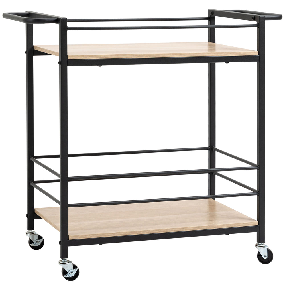 Carrello di servizio, carrello da cucina a 2 livelli, nero e naturale
