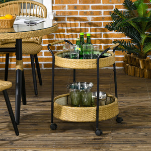 Servierwagen Rattan Trolley mit 2 Regalen Natur-Schwarz