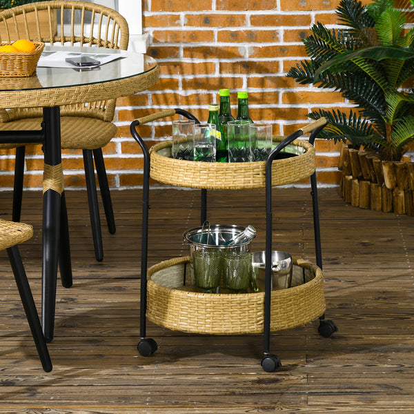 Servierwagen Rattan Trolley mit 2 Regalen Natur-Schwarz