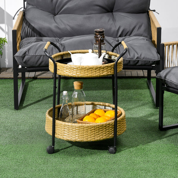 Servierwagen Rattan Trolley mit 2 Regalen Natur-Schwarz