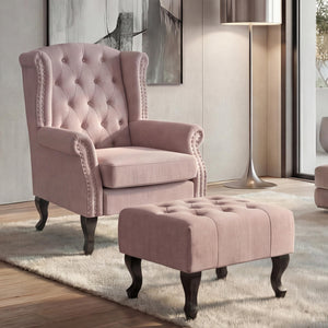 Sessel Chesterfield Relaxsessel Ohrensessel wasserabweisend hellrosa mit Ottomane