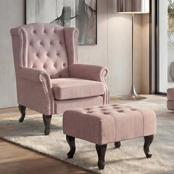 Sessel Chesterfield Relaxsessel Ohrensessel wasserabweisend hellrosa mit Ottomane