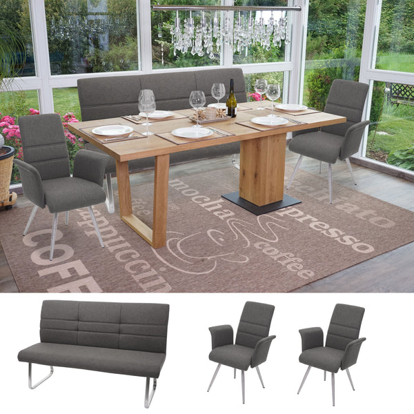 Set 2 Esszimmerstühle und Sitzbank mit Armlehne Edelstahl grau-braun Bank 180cm