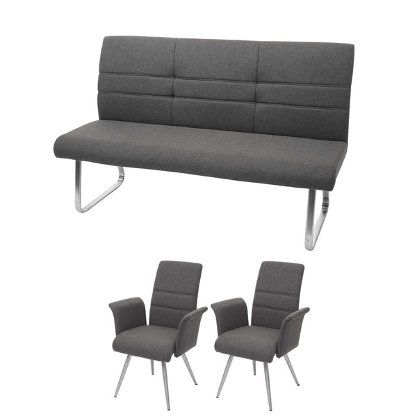 Set 2 Esszimmerstühle und Sitzbank mit Armlehne Edelstahl grau-braun Bank 180cm