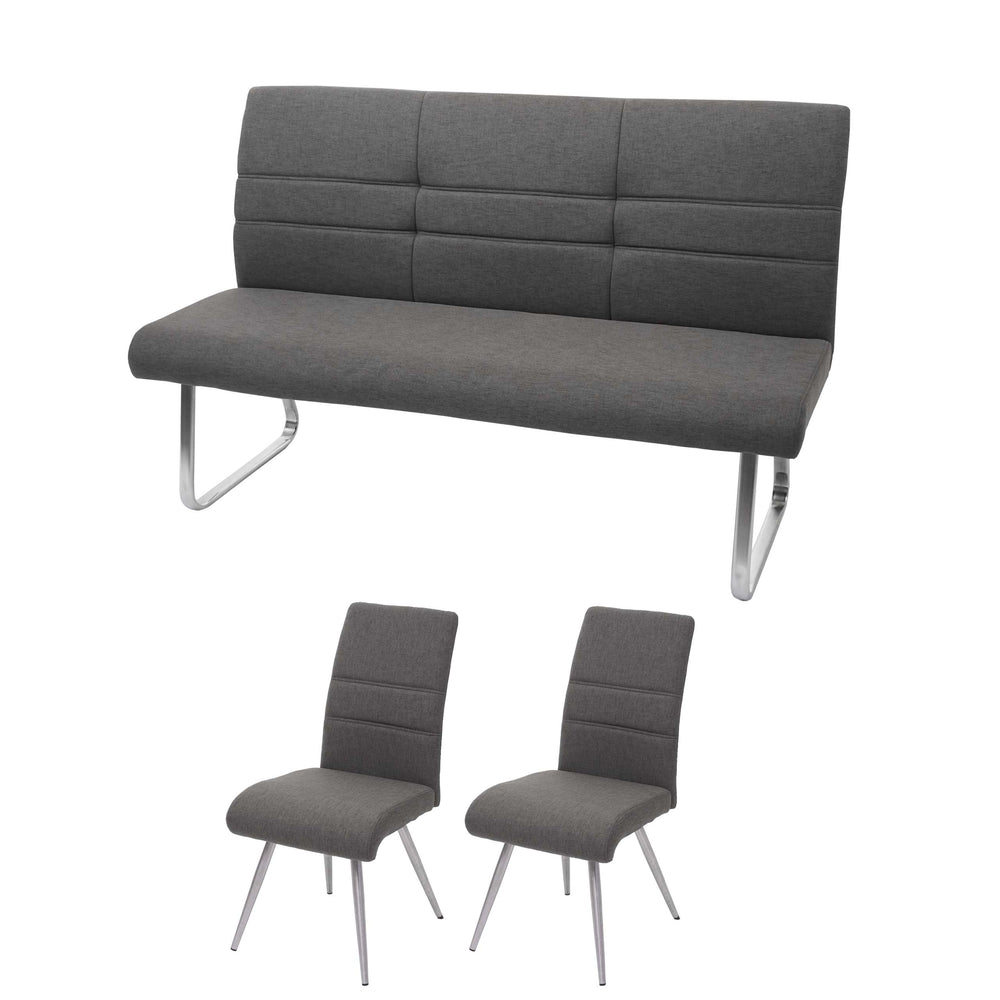 Set 2 Esszimmerstühle und Sitzbank Edelstahl Stoff grau-braun Bank 180cm