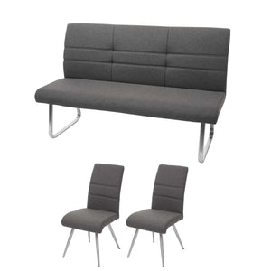 Set 2 Esszimmerstühle und Sitzbank Edelstahl Stoff grau-braun Bank 180cm