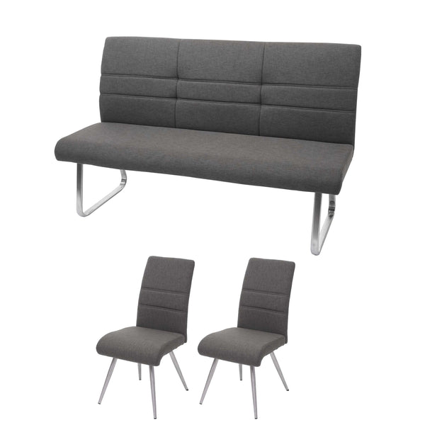 Set 2 Esszimmerstühle und Sitzbank Edelstahl Stoff grau-braun Bank 180cm
