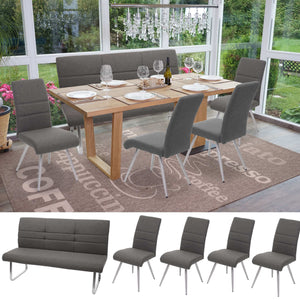 Set 4 Esszimmerstühle und Sitzbank Edelstahl Stoff grau-braun Bank 180cm