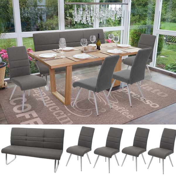 Set 4 Esszimmerstühle und Sitzbank Edelstahl Stoff grau-braun Bank 180cm