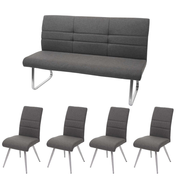 Set 4 Esszimmerstühle und Sitzbank Edelstahl Stoff grau-braun Bank 180cm