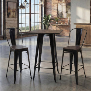 Set Stehtisch und 2 Barhocker mit Holzplatte Industriedesign schwarz