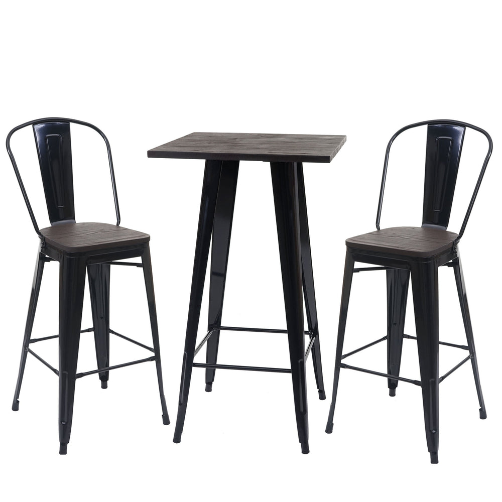 Set Stehtisch und 2 Barhocker mit Holzplatte Industriedesign schwarz