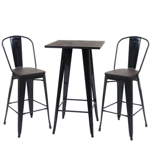Set Stehtisch und 2 Barhocker mit Holzplatte Industriedesign schwarz