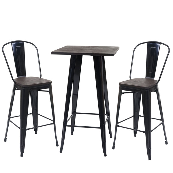 Set Stehtisch und 2 Barhocker mit Holzplatte Industriedesign schwarz