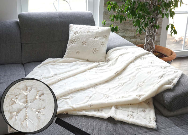 Set Wohndecke und Deko-Kissen Schnee flauschig mit Pailletten