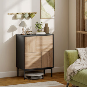 Sideboard mit Push-to-Open Türen und Metallbeinen schwarz Naturholz