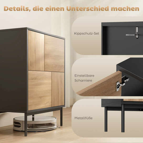 Sideboard mit Push-to-Open Türen und Metallbeinen schwarz Naturholz