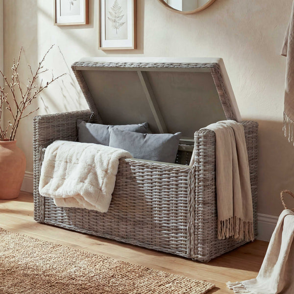 Sitzbank Garderobenbank Sitzhocker mit Stauraum Kubu Rattan 88cm grau-braun