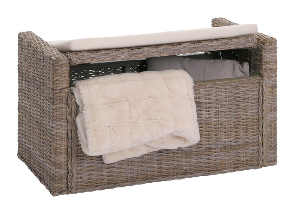 Sitzbank Garderobenbank Sitzhocker mit Stauraum Kubu Rattan 88cm grau-braun