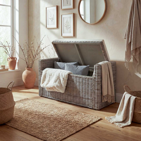 Sitzbank Garderobenbank Sitzhocker mit Stauraum Kubu Rattan 88cm grau-braun