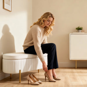 Sitzbank mit Stauraum und Klappdeckel cremeweiss goldfarben
