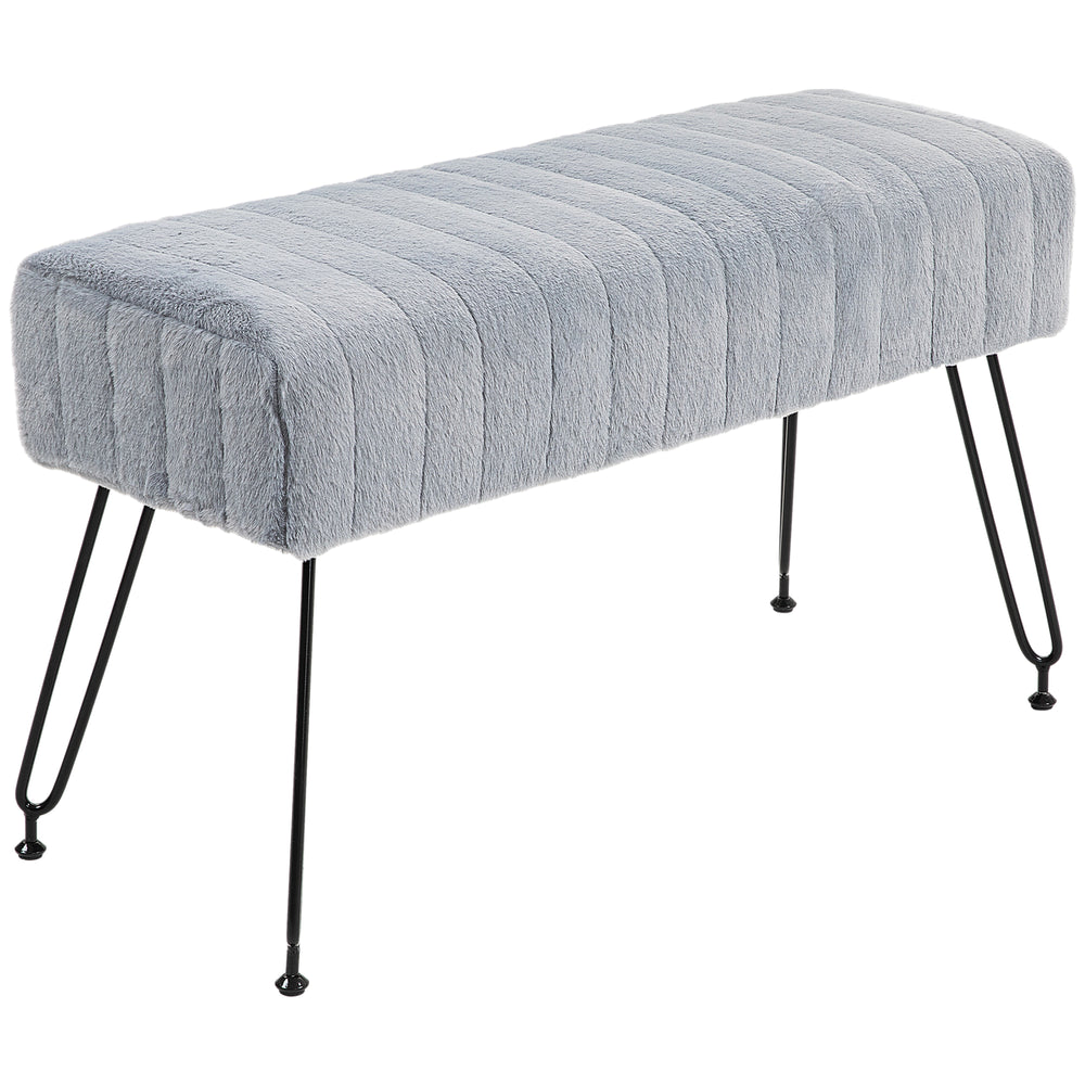 Panca con pelliccia sintetica e gambe in metallo, 82x30x47cm, grigio