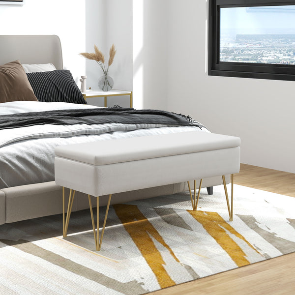 Sitzbank Polsterbank Leinenoptik Stauraum 100x40x49cm Creme