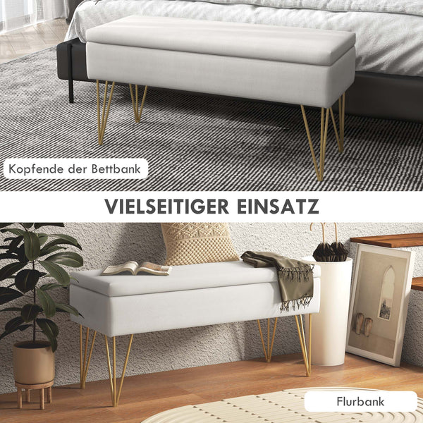 Sitzbank Polsterbank Leinenoptik Stauraum 100x40x49cm Creme
