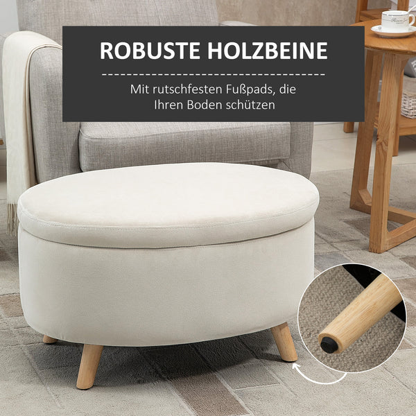 Sitzbank oval mit Stauraum & Samtoptik Holzbeine 71x51.5x42cm Beige