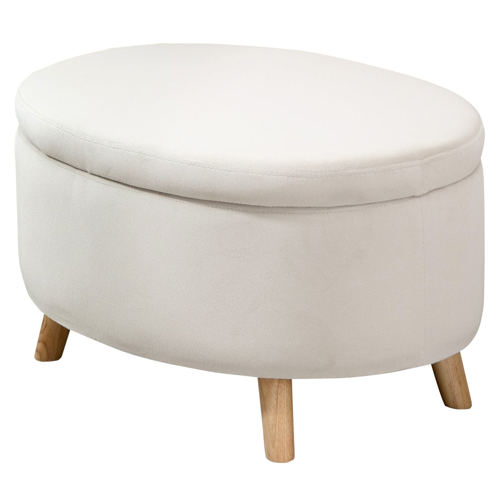 Panca ovale con spazio contenitore e aspetto velluto, gambe in legno, 71x51,5x42cm, beige