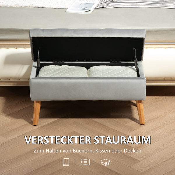 Sitzbank Samtoptik mit Stauraum Gummiholz 102x35x43cm Grau