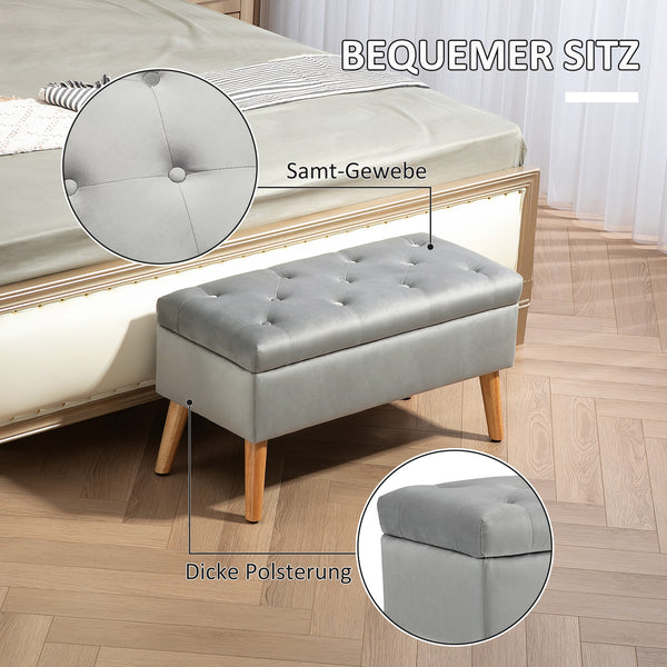 Sitzbank Samtoptik mit Stauraum Gummiholz 102x35x43cm Grau